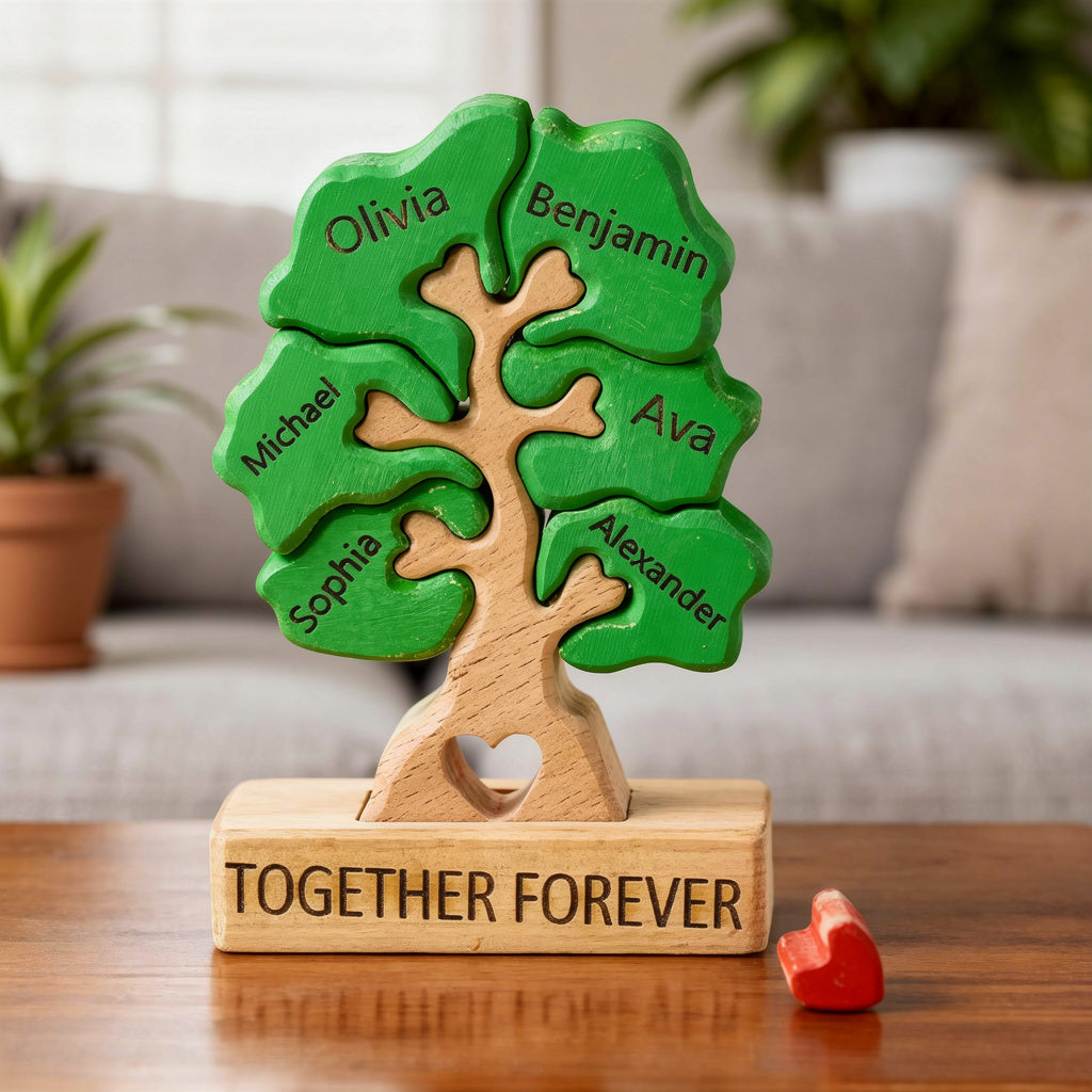 Personalised tree family wooden puzzle for 6 people with custom engraved names on a wood shelf.