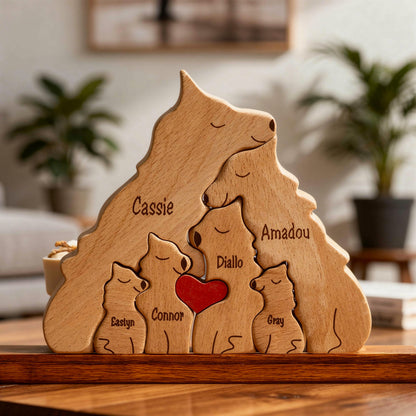 Personalised wolf family wooden puzzle six member family keepsake gift
on a shelf
