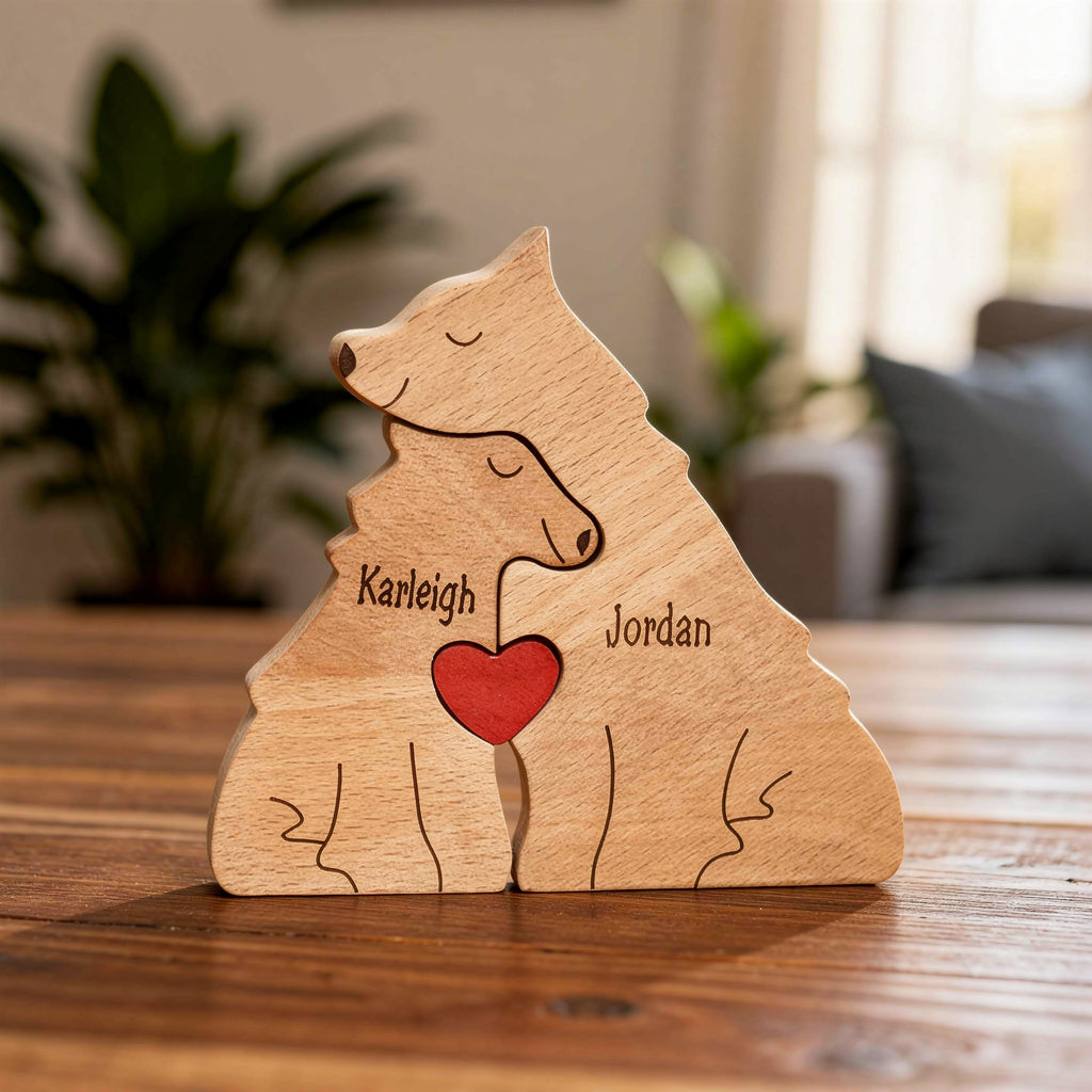 Personalised wolf family wooden puzzle for couple with custom engraved names, placed on a wooden surface.