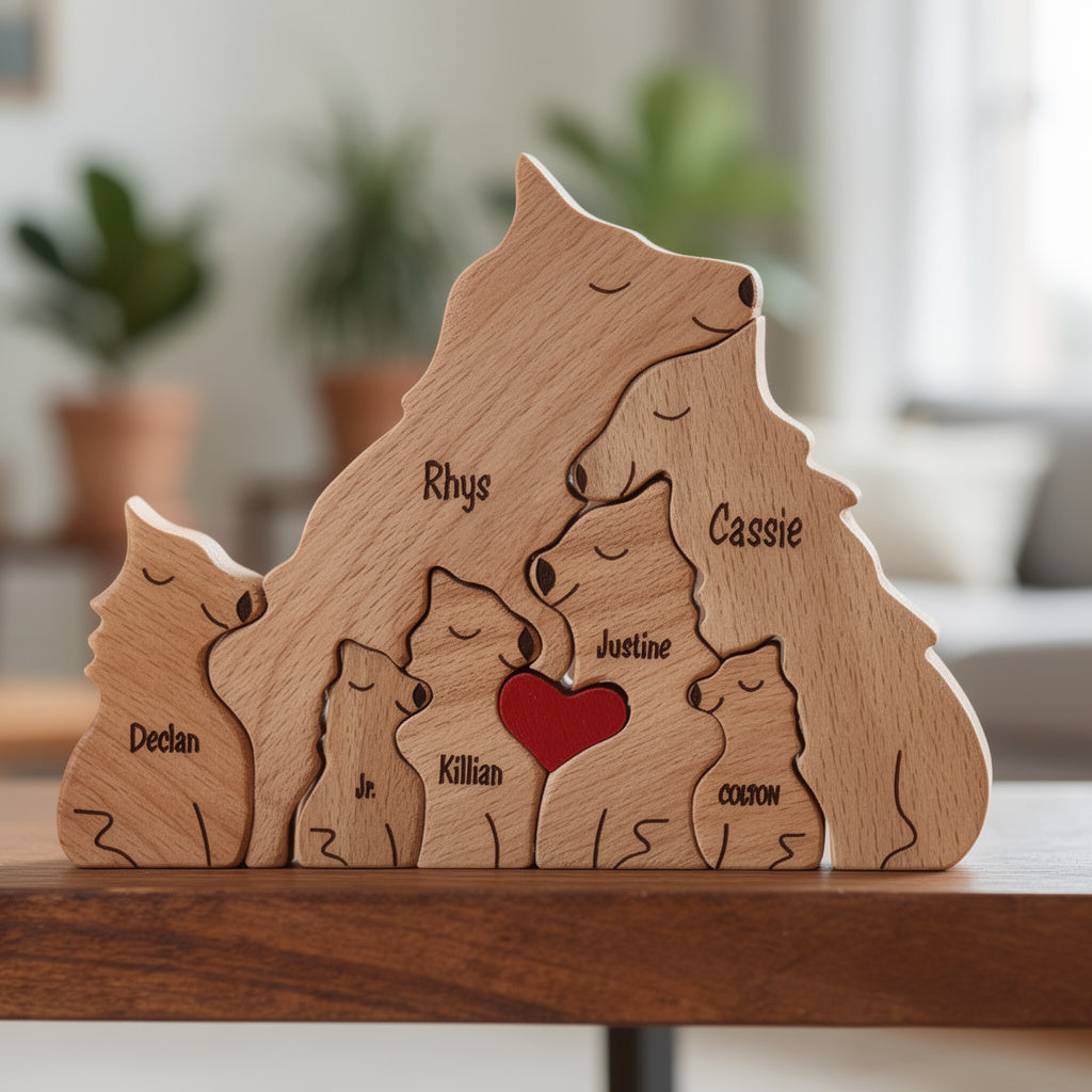Personalised wolf family wooden puzzle seven member family keepsake gift, featuring a red heart in the center.