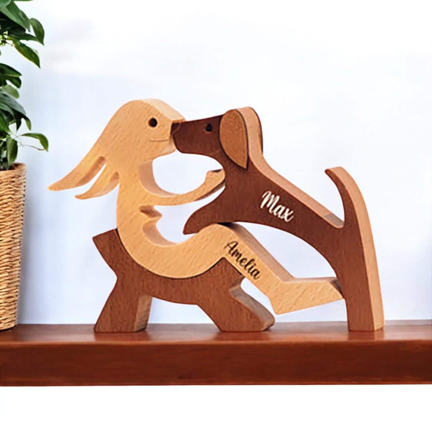Personalised woman and dog wooden keepsake with custom engraved names