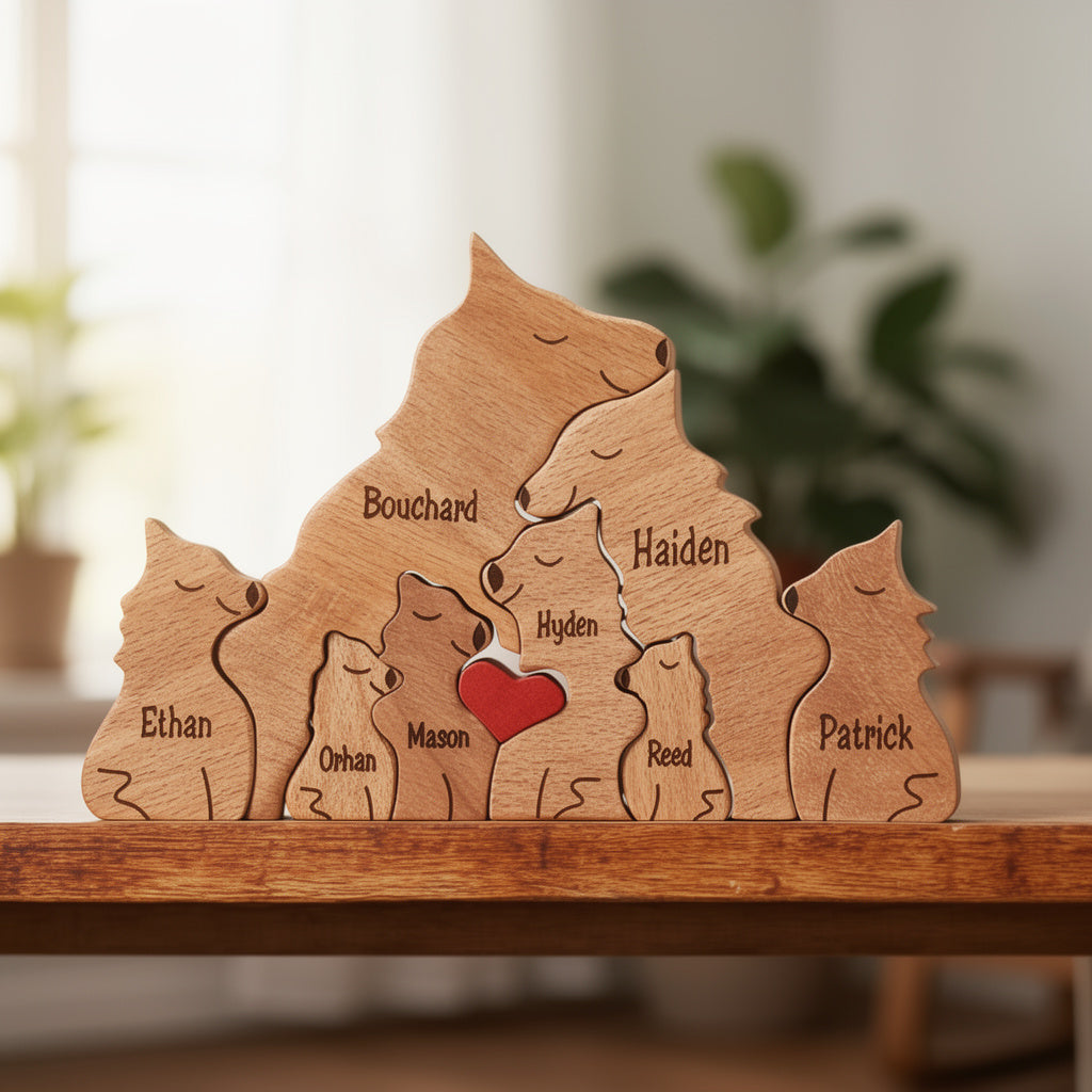 Personalised wolf family wooden puzzle eight ember family keepsake gift on a wooden surface.