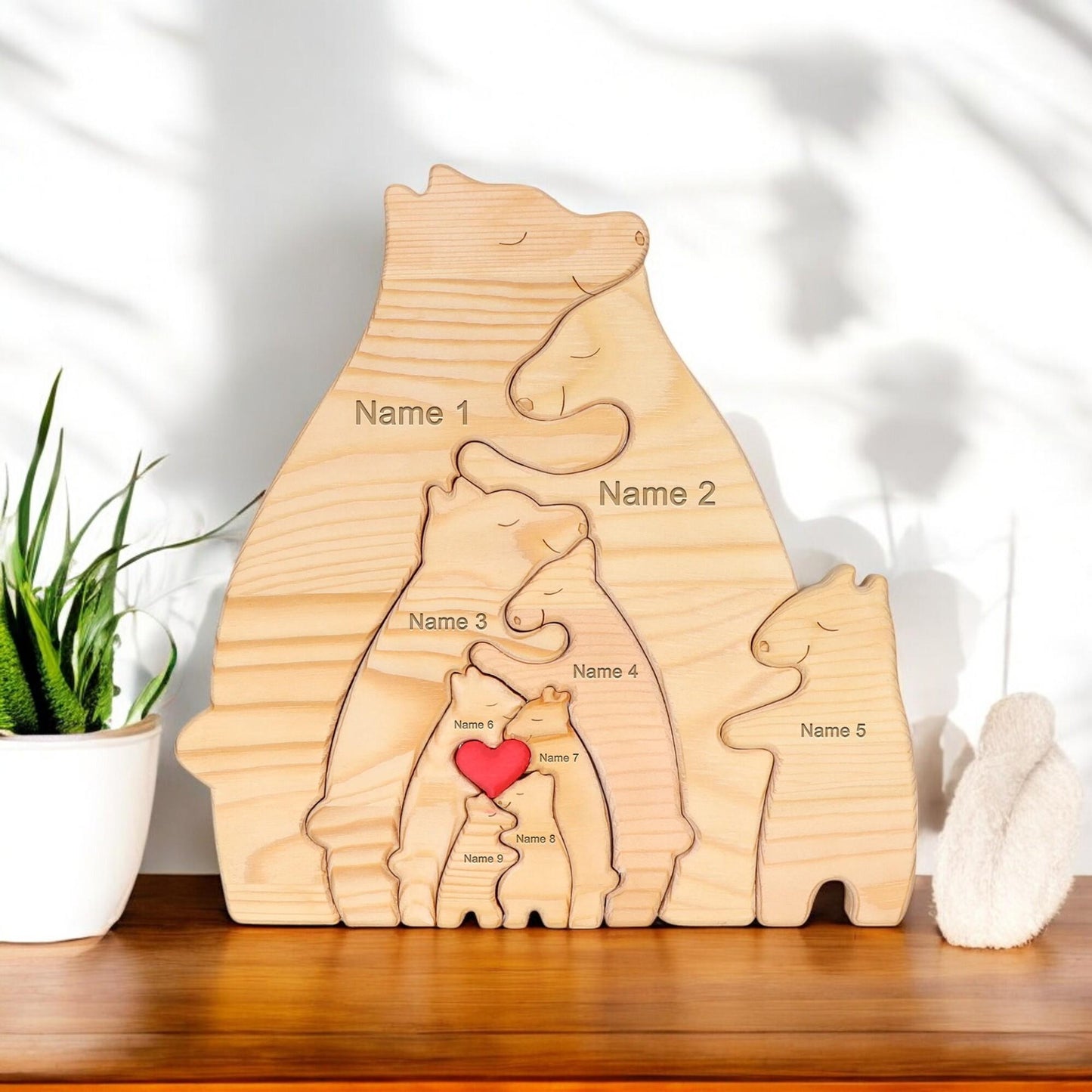 Premium pine wood bear family keepsake with stand showing quality craftsmanship
