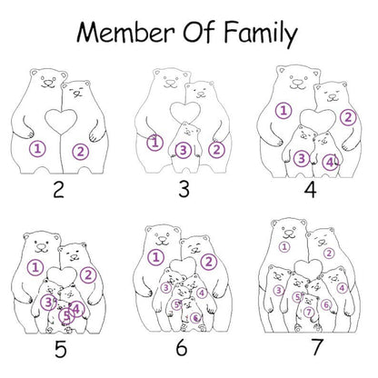 Illustrations of bears with heart shapes labeled 'Members Of Family' on a white background.