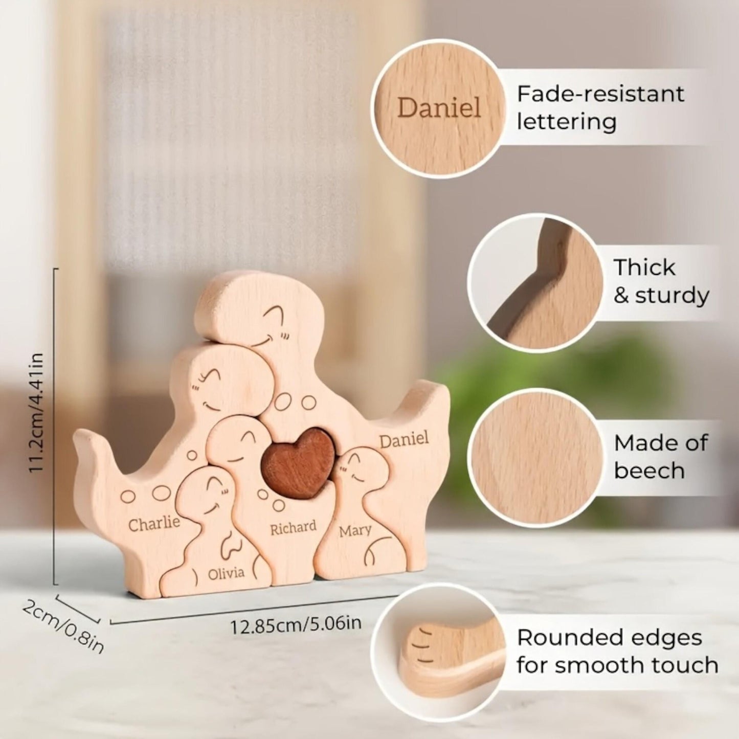 Wooden family figurine with engraved names, showing features like fade-resistant lettering and thick sturdy material.