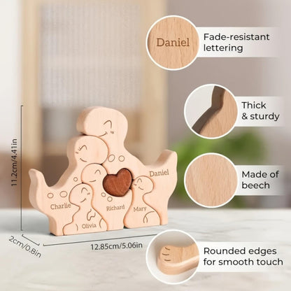 Wooden family figurine with engraved names, showing features like fade-resistant lettering and thick sturdy material.