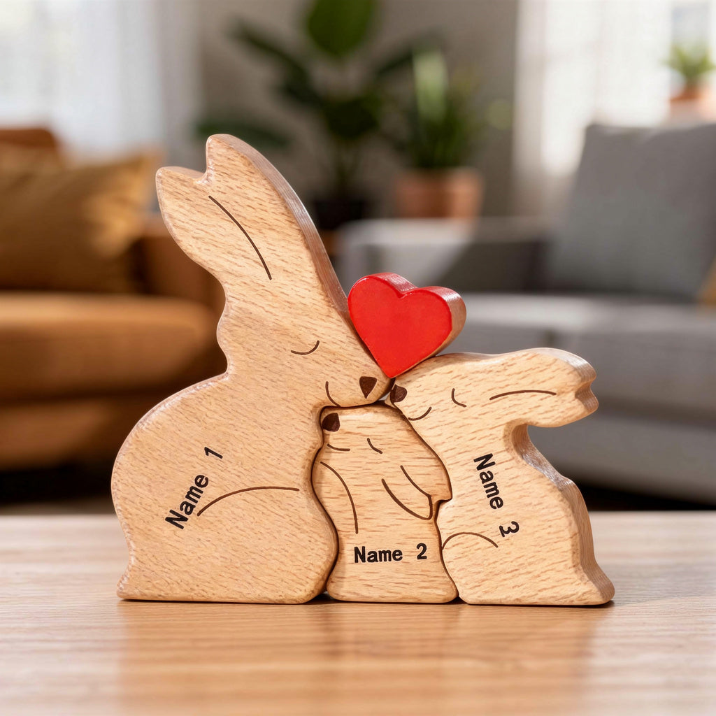 Personalised wooden rabbit family figurine with engraved names of the family members and heart detail, a meaningful family keepsake and custom gift for parents, children, anniversaries, or home décor. Family of 3.