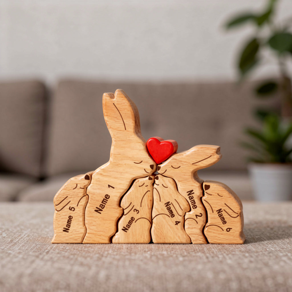 Custom wooden rabbit family figurine with engraved names of the family members and heart detail, a meaningful family keepsake and custom gift for parents, children, anniversaries, or home décor. Family of 6.