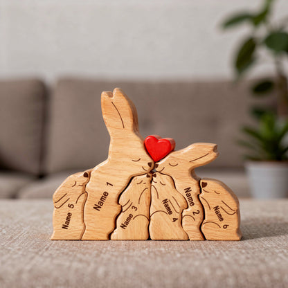 Custom wooden rabbit family figurine with engraved names of the family members and heart detail, a meaningful family keepsake and custom gift for parents, children, anniversaries, or home décor. Family of 6.