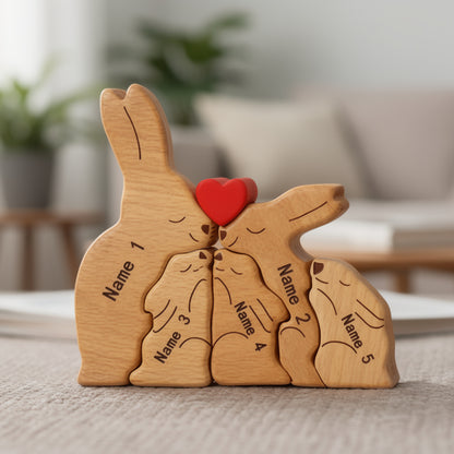 Personalised wooden rabbit family figurine with engraved names of the family members and heart detail, a meaningful family keepsake and custom gift for parents, children, anniversaries, or home décor. Family of 5.