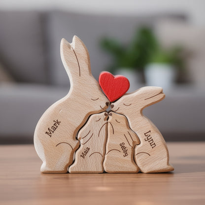 Personalised wooden rabbit family figurine with engraved names of the family members and heart detail, a meaningful family keepsake and custom gift for parents, children, anniversaries, or home décor.