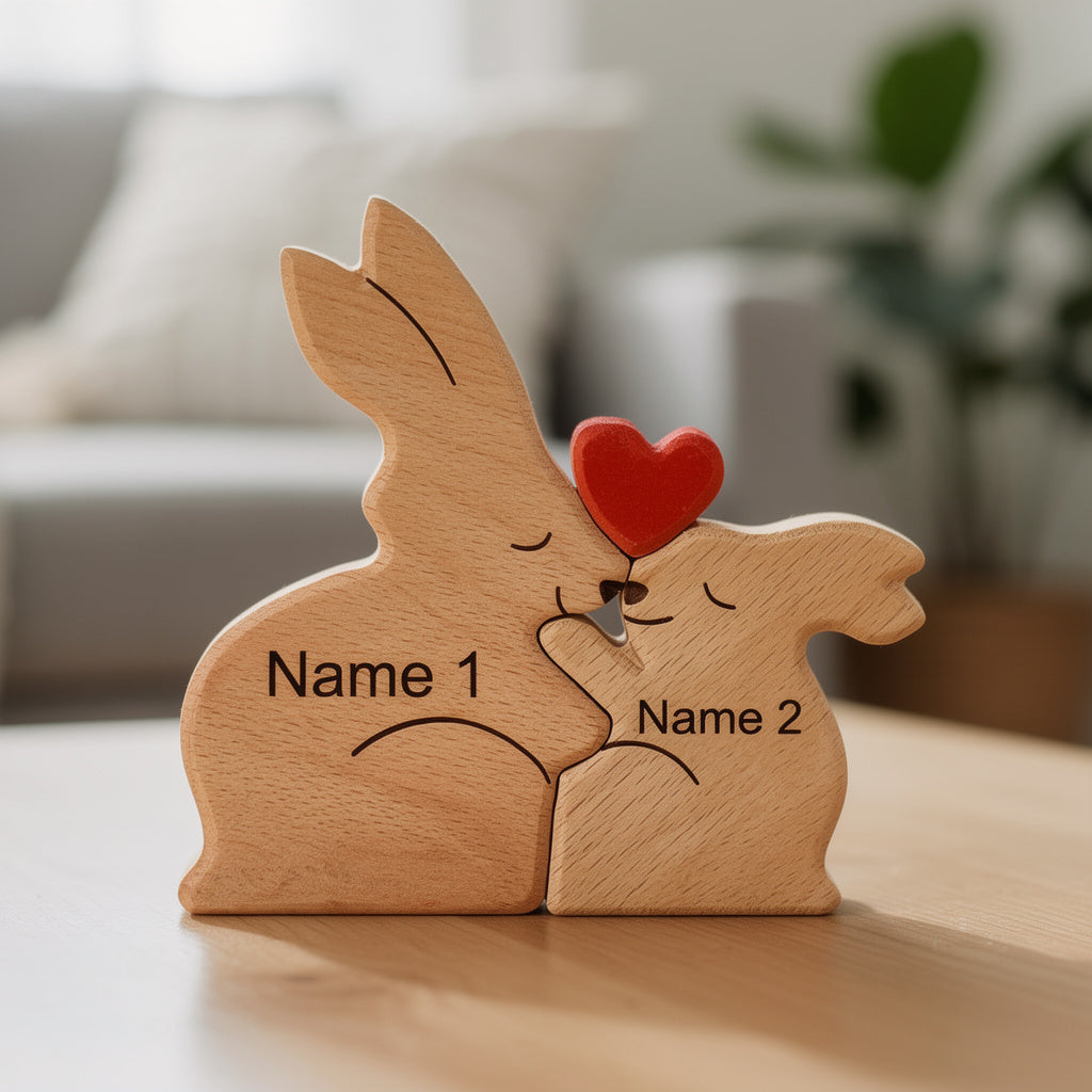 Personalised wooden rabbit family figurine with engraved names of the family members and heart detail, a meaningful family keepsake and custom gift for parents, children, anniversaries, or home décor. Family of 2.