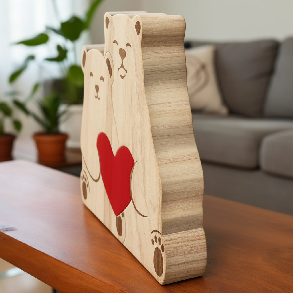 Side View of a 2 piece Personalized wooden koala family figurine with custom engraved names and heart detail, a meaningful family gift and keepsake for parents, children, anniversaries, and home décor. For a family of 2.