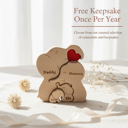 The Family Keepsake Club - MyFamilyPuzzle - Free Keepsake Once Per Year showing a beautiful elephant family puzzle wooden handmade gift