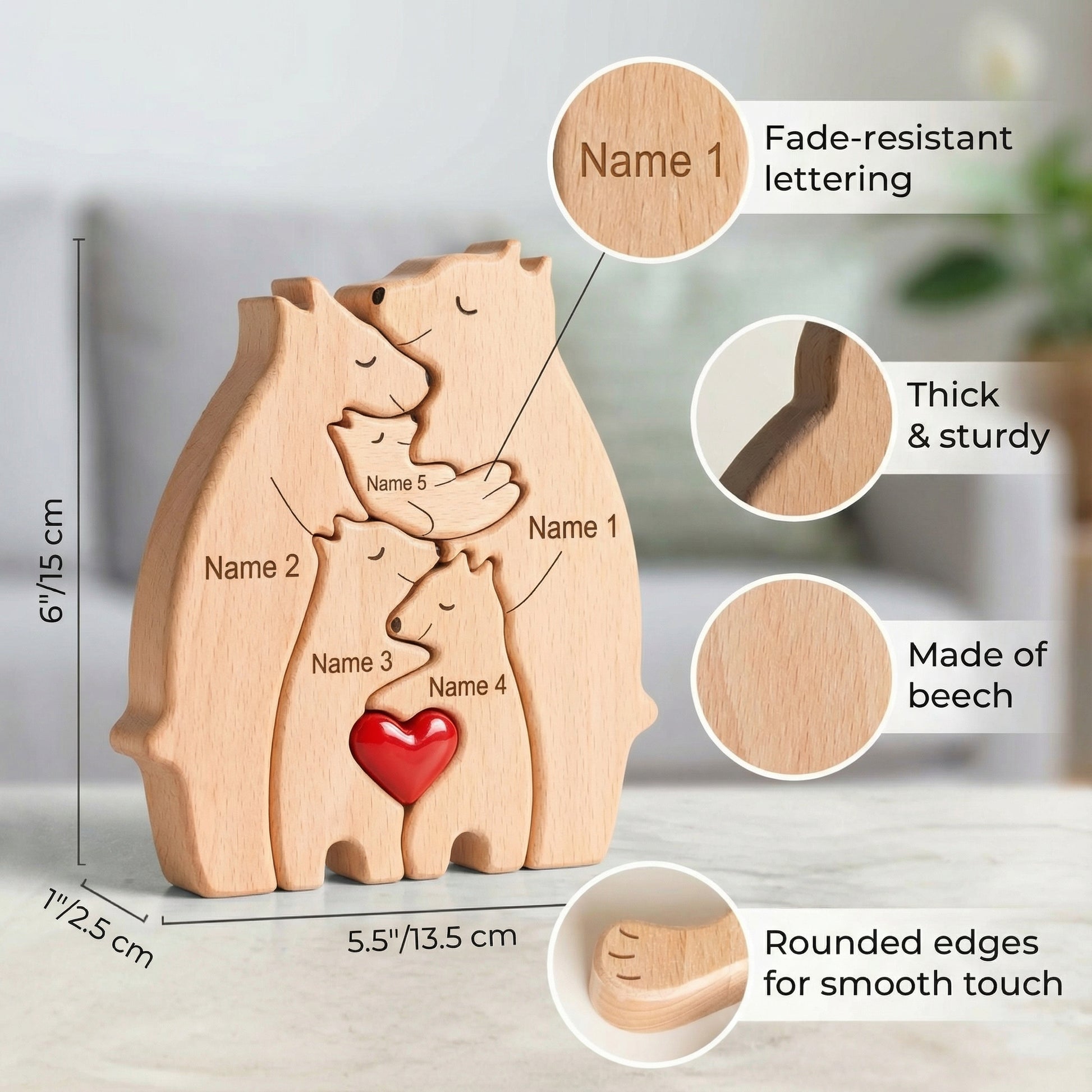 Size guide and key features of a wooden bear family puzzle featuring five bears, each with a name engraved on them. The bears are arranged in a hugging pose with a red heart in the centre. The puzzle is made of light wood and has a natural finish.