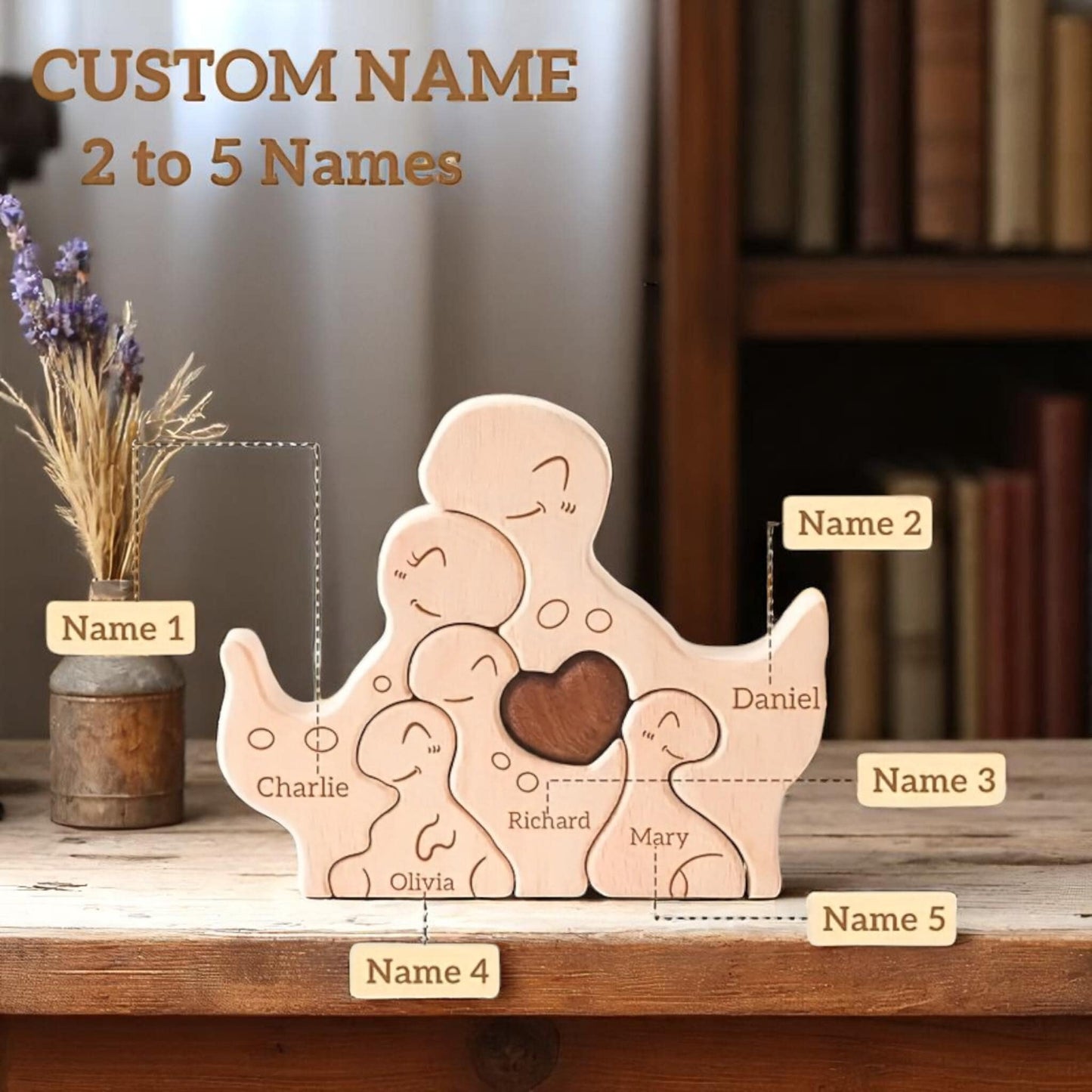Wooden family puzzle with customizable names on a wooden surface.