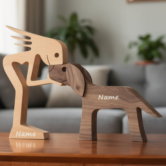 Personalized wooden dog memorial figurine with engraved name, handcrafted pet remembrance keepsake symbolizing love and loss, ideal sympathy gift or pet memorial décor.