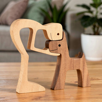 Personalized wooden dog memorial figurine with engraved name, handcrafted pet remembrance keepsake symbolizing love and loss, ideal sympathy gift or pet memorial décor.