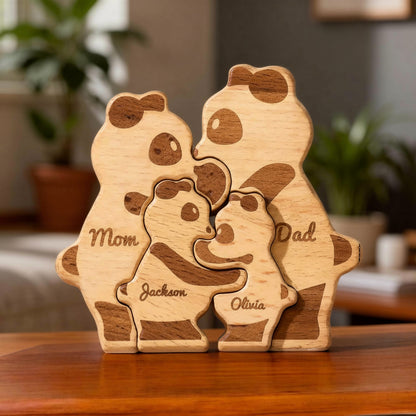 Wooden panda family showing a four person family in with engraved names and personalisation perfect for a gift.