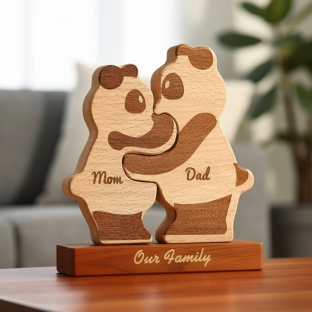 Personalised panda family wooden puzzle two piece couple with custom names on a stand and shelf