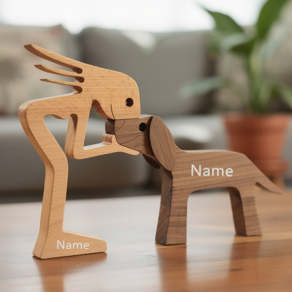 Personalized wooden dog memorial figurine with engraved name, handcrafted pet remembrance keepsake symbolizing love and loss, ideal sympathy gift or pet memorial décor.