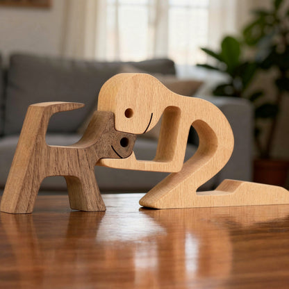 Personalized wooden dog memorial figurine with engraved name, handcrafted pet remembrance keepsake symbolizing love and loss, ideal sympathy gift or pet memorial décor.