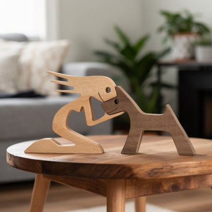 Personalized wooden dog memorial figurine with engraved name, handcrafted pet remembrance keepsake symbolizing love and loss, ideal sympathy gift or pet memorial décor.