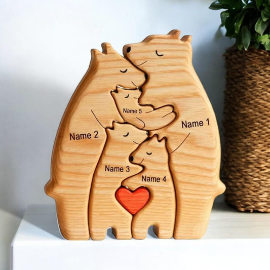 Personalised bear family wooden puzzle for 5 people with custom engraved names