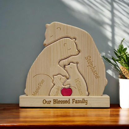 Wooden family-themed decoration with engraved text on a wooden surface. Wooden bear family puzzle with stand four member family in premium pine
