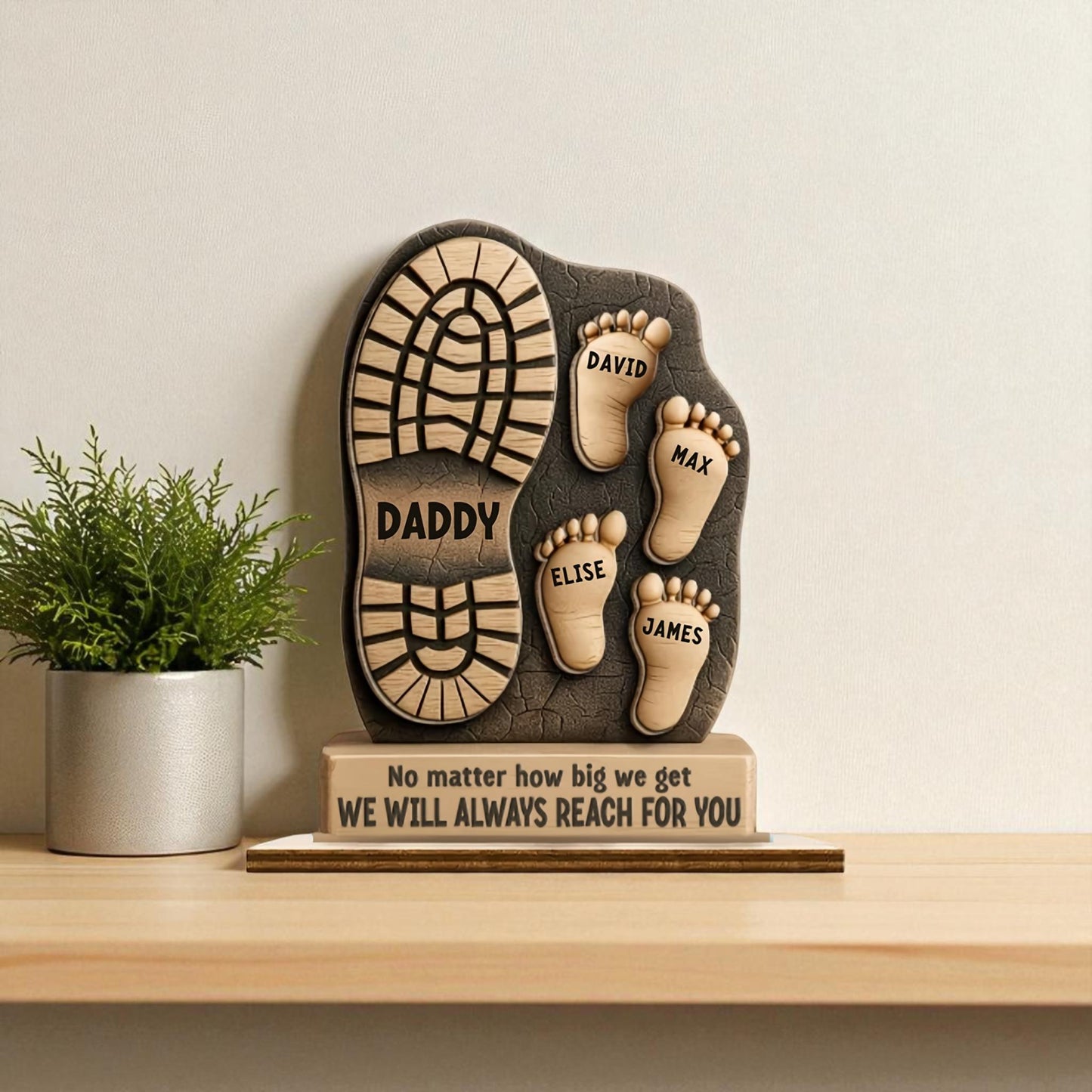 Wooden dad footprint plaque for four children in premium pine wood
