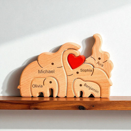 Personalised elephant family wooden puzzle for couple with custom engraved names