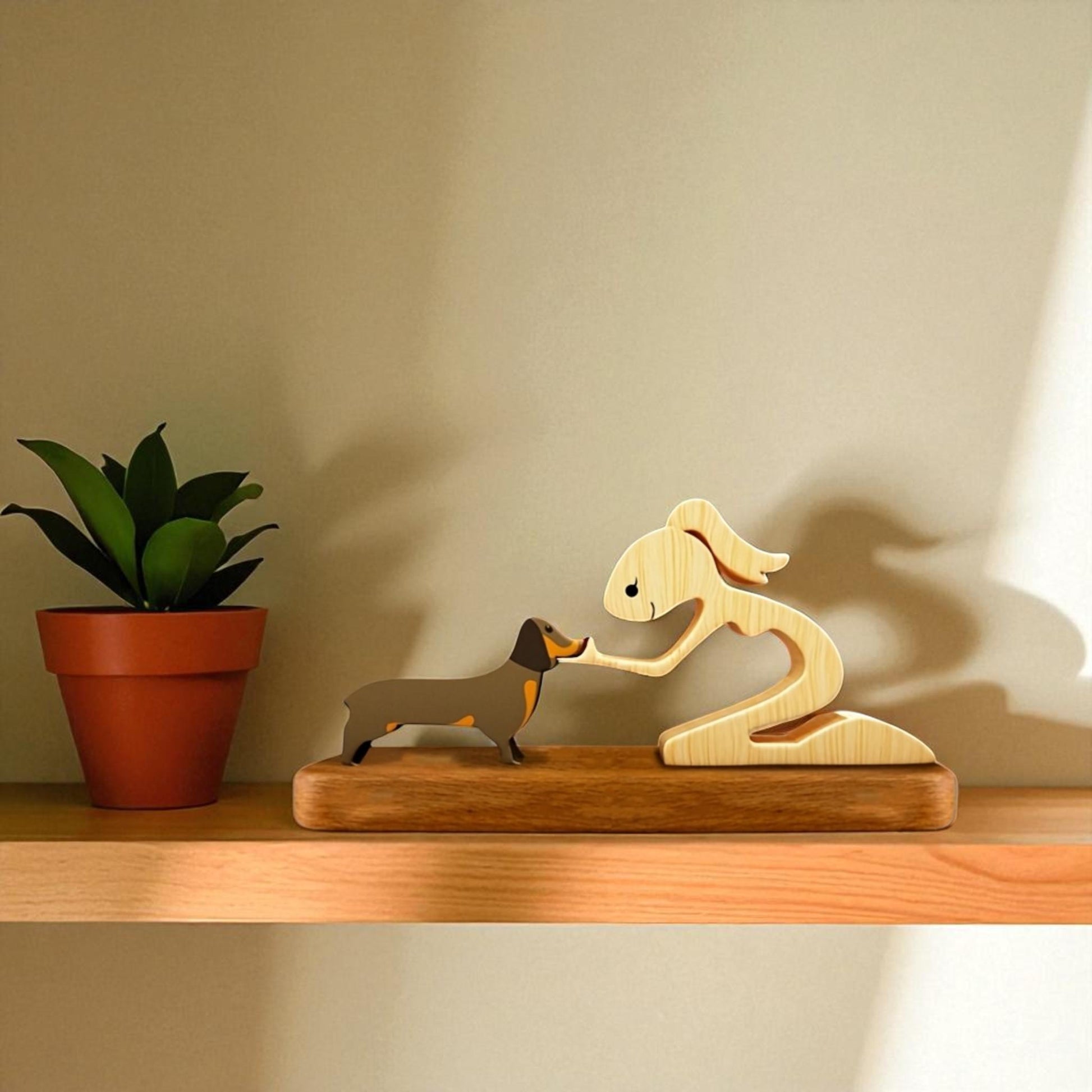 Wooden figurines of a wooden dog keepsake Dachshund figurine on a wooden base with a plant in the background.