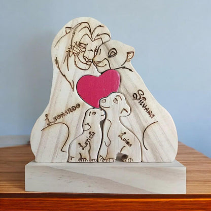 Wooden lion family puzzle four member family on a wooden base.
