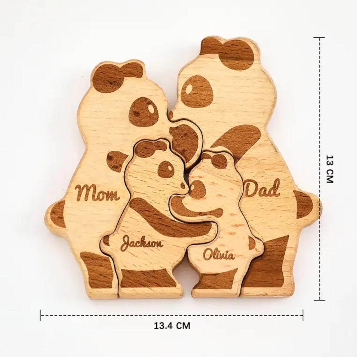 Wooden panda-shaped puzzle with 'Mom', 'Dad', 'Jackson', and 'Olivia' engraved, with measurements indicated.