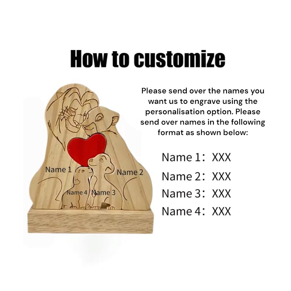 Wooden plaque with lion family design and red heart, customization instructions on a white background
