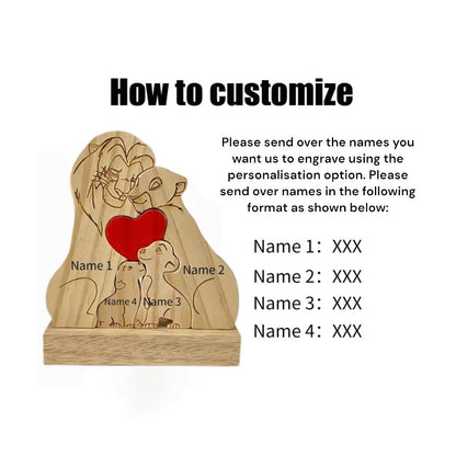 Wooden plaque with lion family design and red heart, customization instructions on a white background