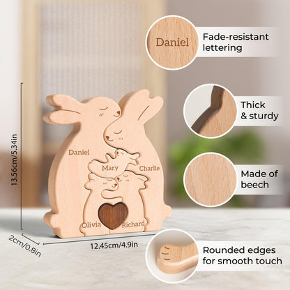 Wooden rabbit-shaped ornament with engraved names, labeled features, and measurements.