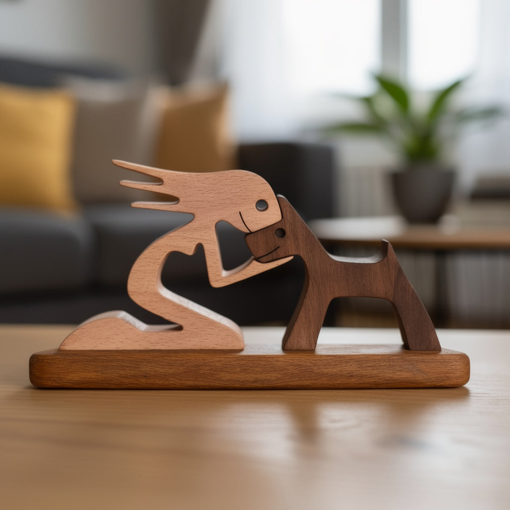 Wooden sculpture of a woman and a dog on a wooden base with a plant in the background.
