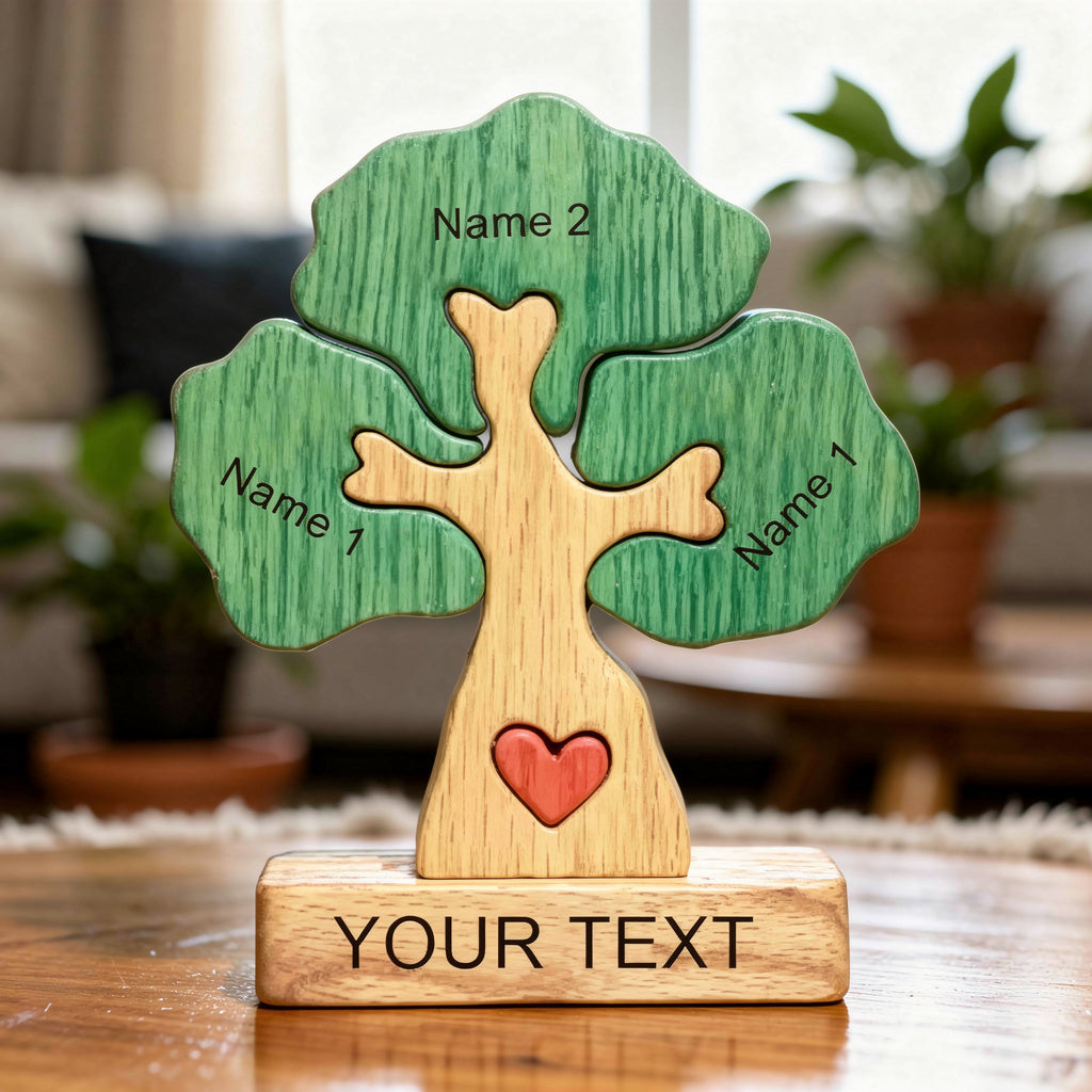 Wooden tree decoration with customizable text on a wooden base adn the branches