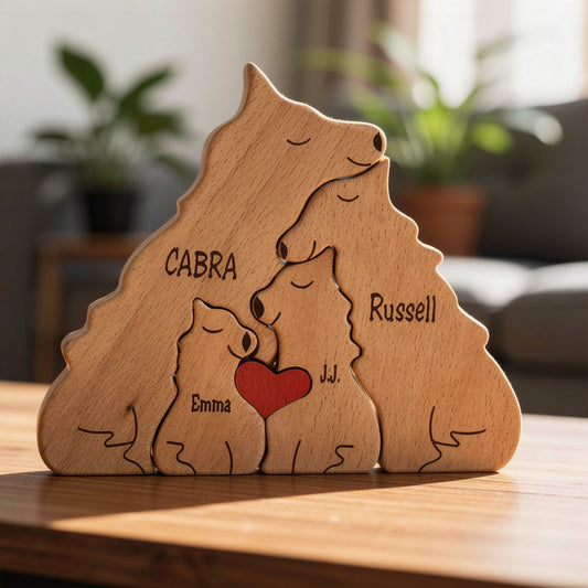 Wooden wolf family puzzle four piece family set in premium pine wood, on a wooden surface.