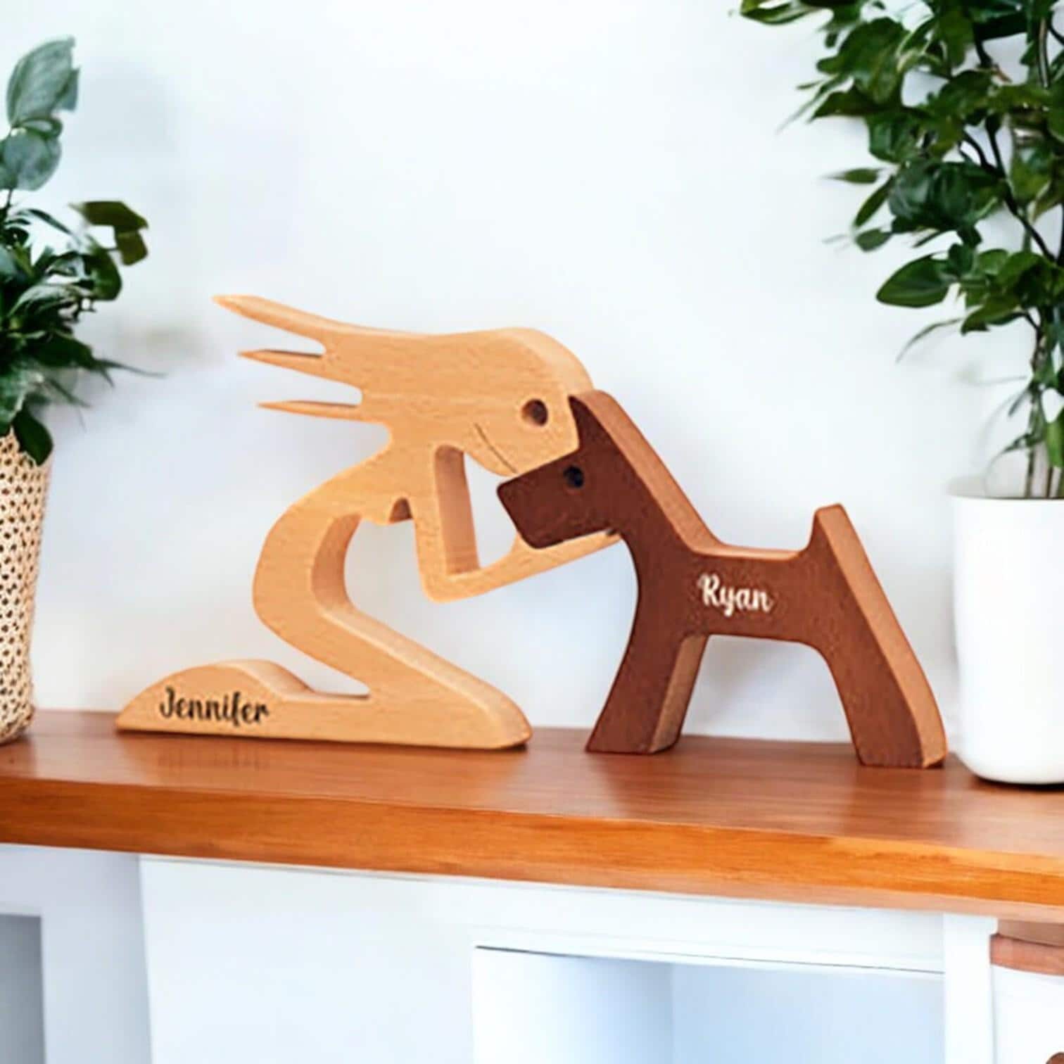 Wooden woman and dog keepsake gift for dog owner or pet memorial