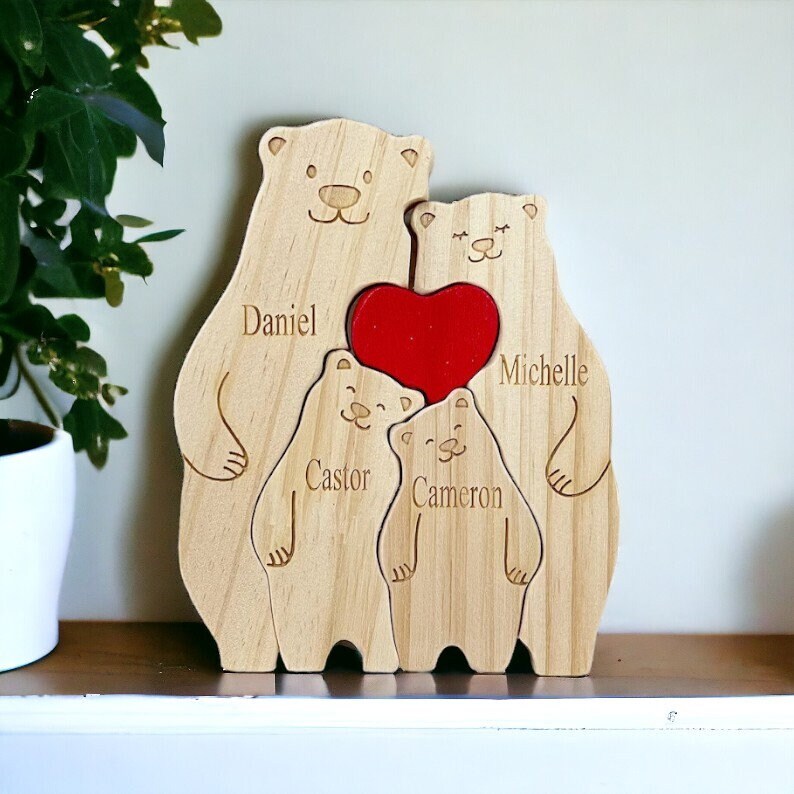 Close up of custom engraved names on wooden bear family ornament