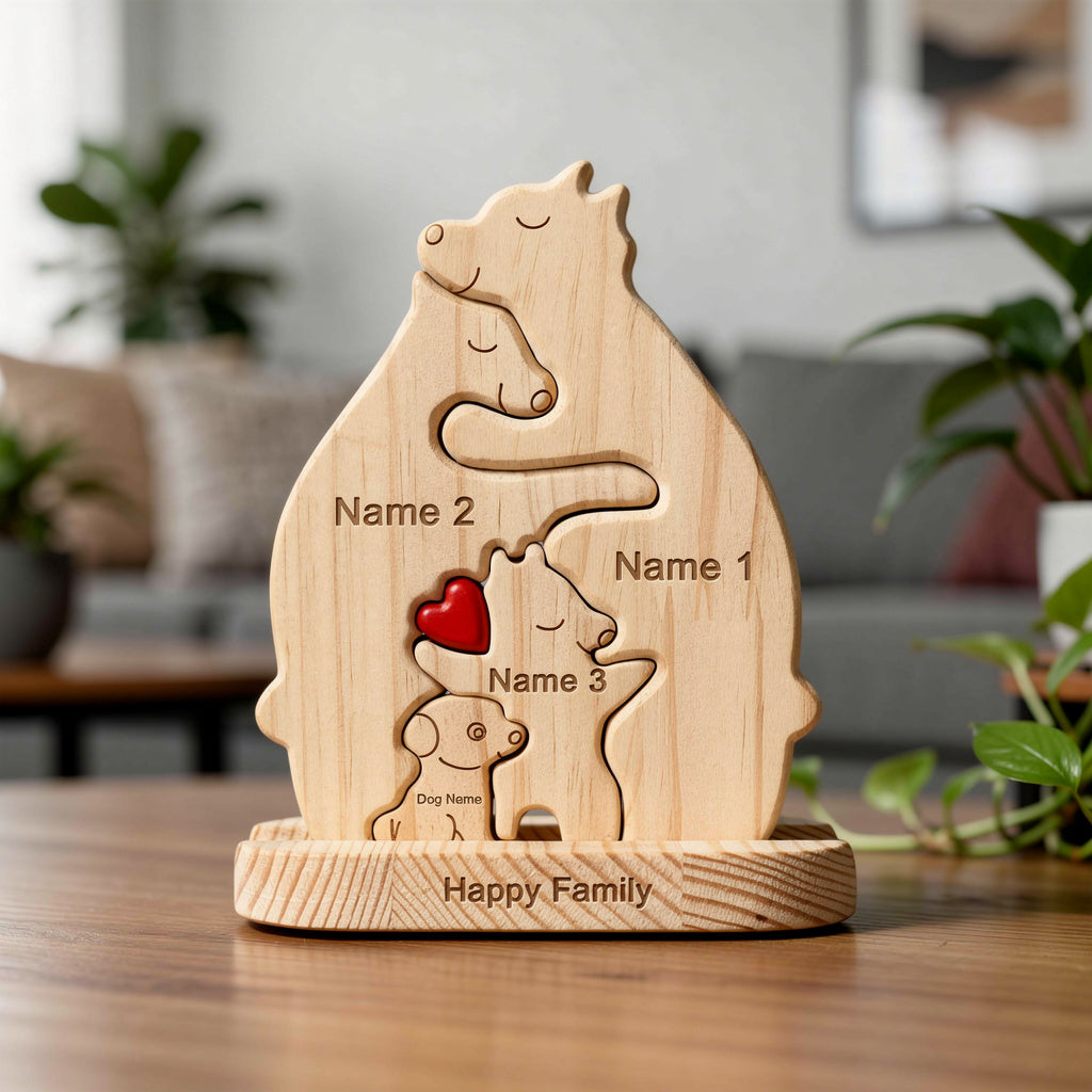Personalised bear family puzzle with dog for 3 people and dog with custom names