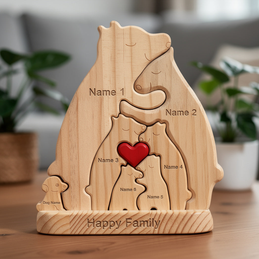 Personalised bear family puzzle with dog for 6 people and pet with custom names