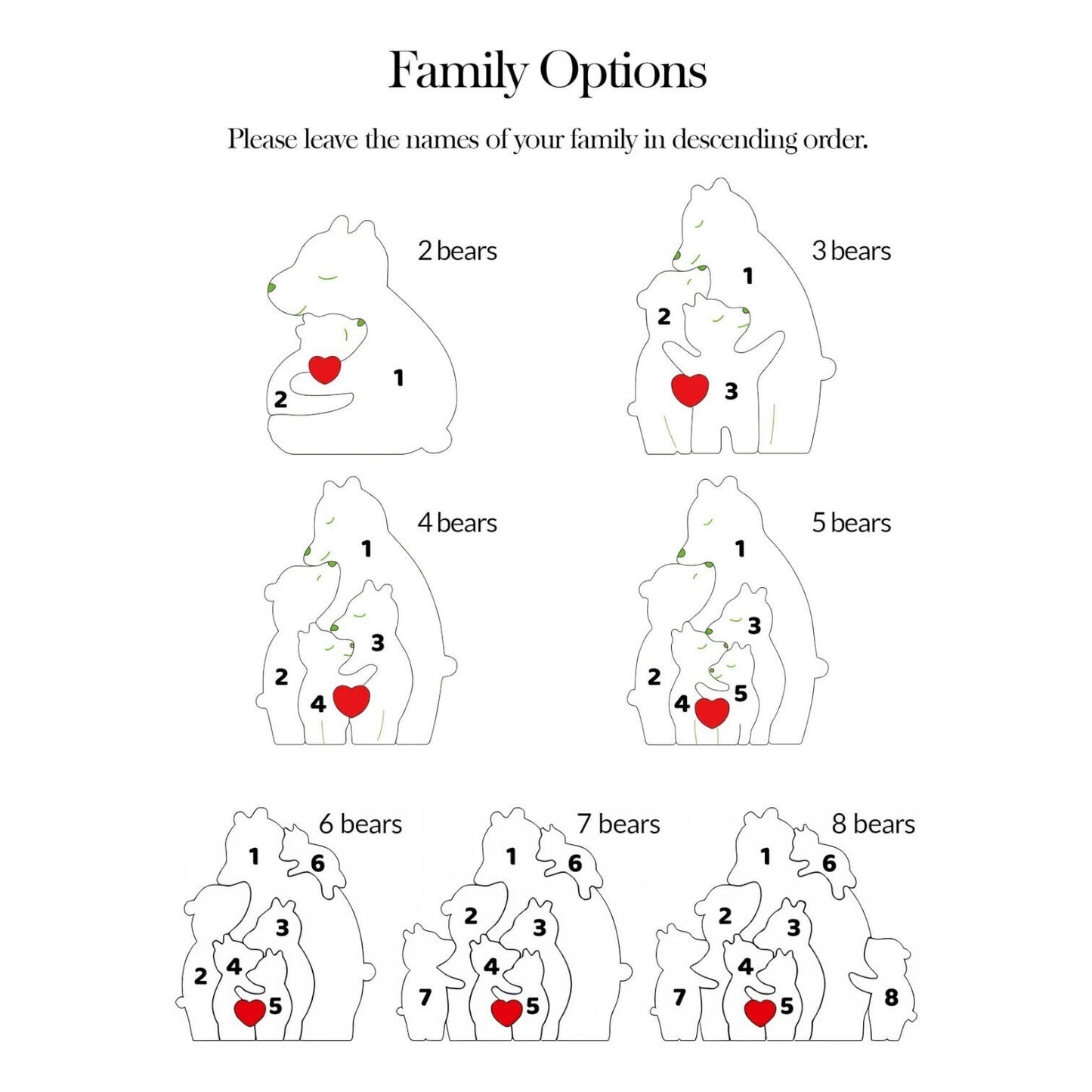 Diagram of bear family structures with heart symbols for family members, labeled from 2 to 8 bears.
