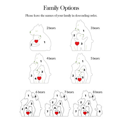 Diagram of bear family structures with heart symbols for family members, labeled from 2 to 8 bears.