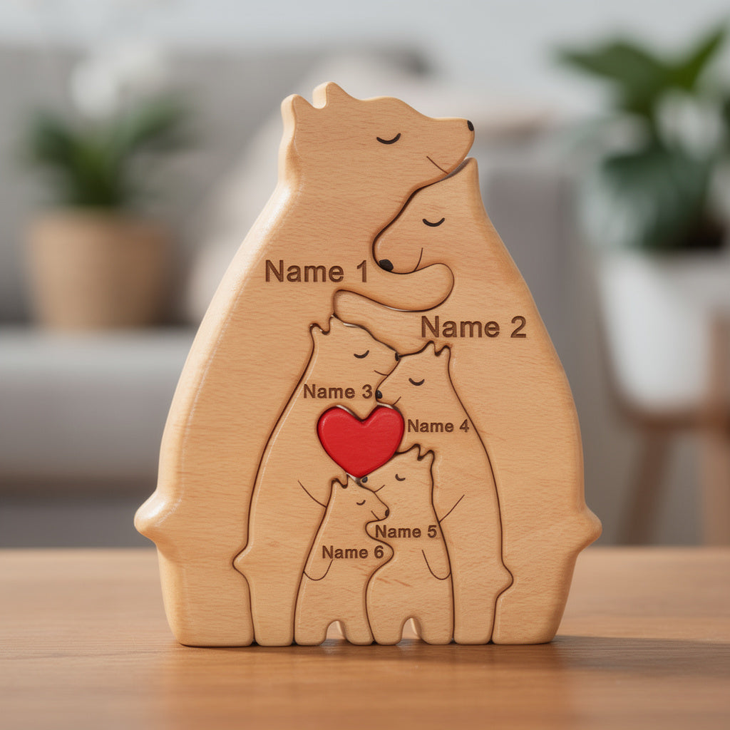 Personalised bear family wooden puzzle for 6 people with custom engraved names