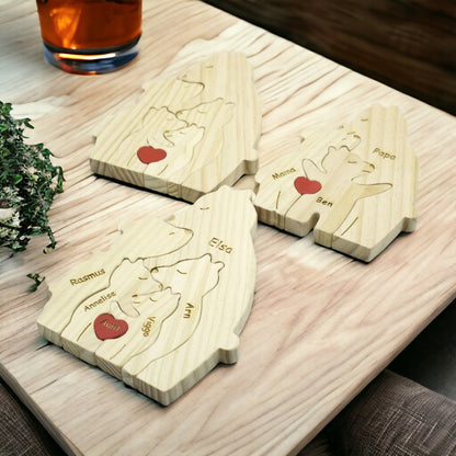 Close up of personalised names engraved on single parent bear puzzle