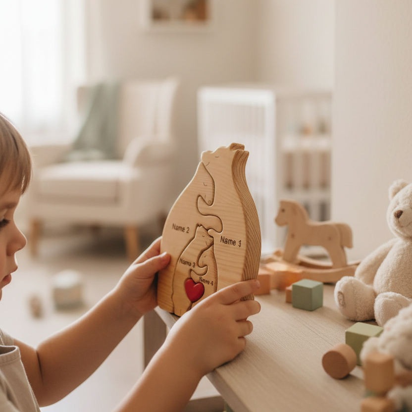 The Family Keepsake Club - MyFamilyPuzzle - Child's Hands holding a bear family puzzle - Heirloom Keepsake