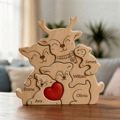 Wooden deer or elk family puzzle with engraved names on a blurred indoor background, made for a family of 5